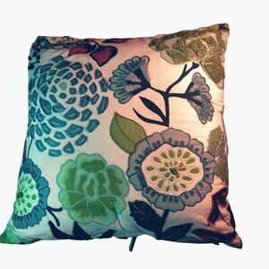 Pier 1 Floral Embroidered Decorative Pillow 15x15 Green Blue Striped Cushion